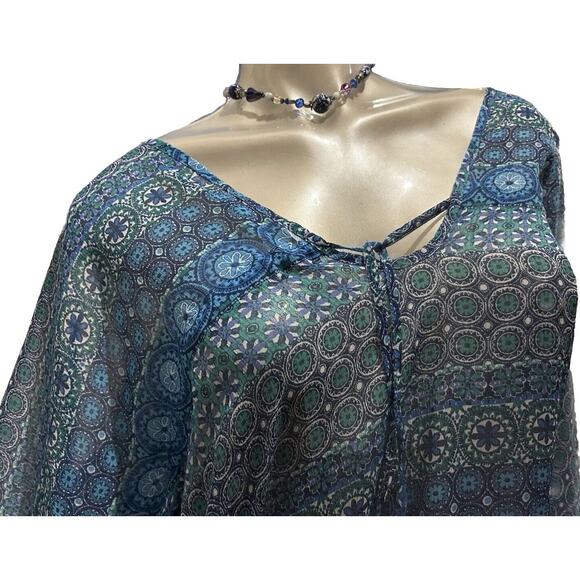 Women’s Rod Beattie Peasant Blue Sheer Boho Caftan Top Size Medium 8 10 - Picture 5 of 11